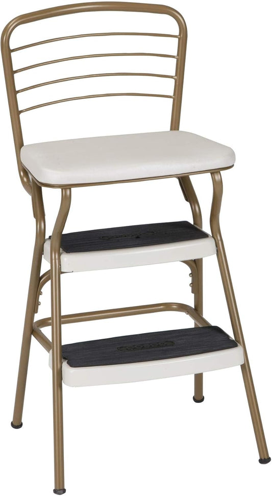 COSCO Stylaire Retro Chair + Step Stool with Flip-Up Seat , Gold & Cream