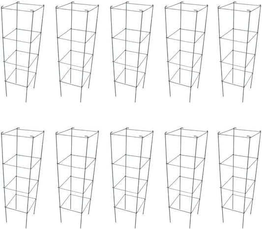 Galvanized Square Folding Tomato Cage Plant Support Stake Tower 12 inch by 46 inch, Pack of 10 Sets(Also Sold as Pack of 2 & 5,PVC Green is Available)