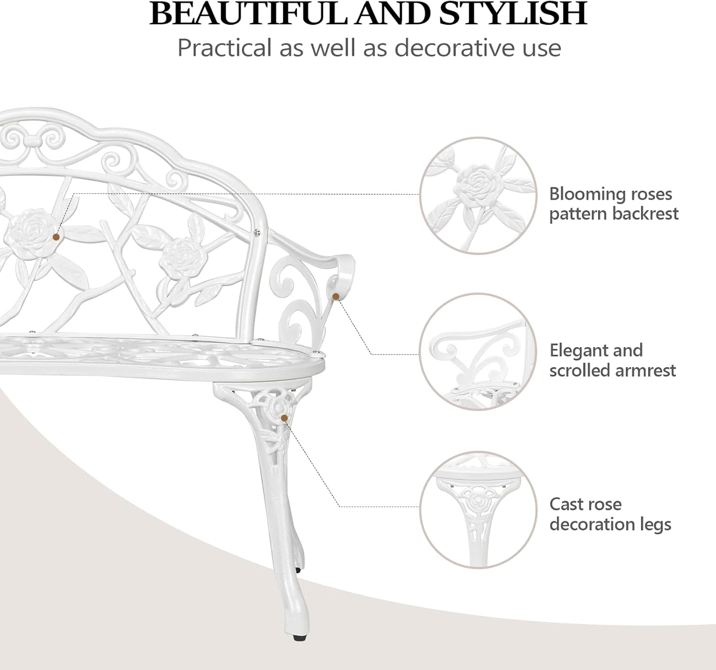 VINGLI 38.5" Patio Park Garden Outdoor Metal Rose Bench,Cast Iron Cast Aluminium Frame Antique Finish Chair,Accented Lawn Front Porch Path Yard Decor Deck Furniture for 2 Person Seat（White