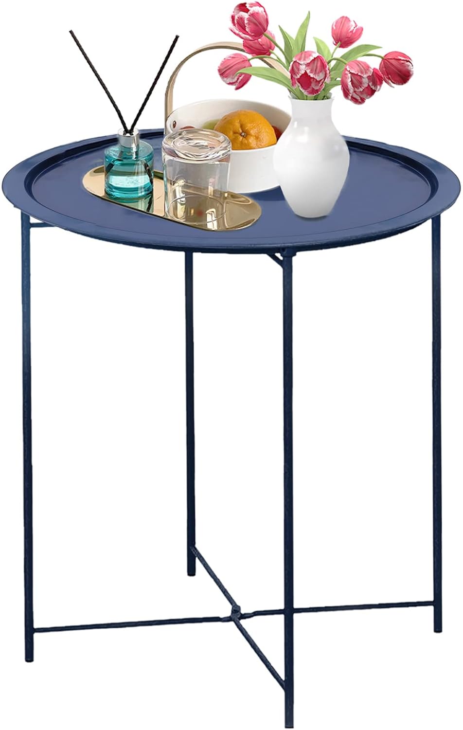 Garden 4 you End Table Metal Side Table Blue Round Folding Tray Cyan Sofa Small Accent Fold-able Table, Round End Table Tray, Next to Sofa Table, Snack Table for Living Room and Bed Room