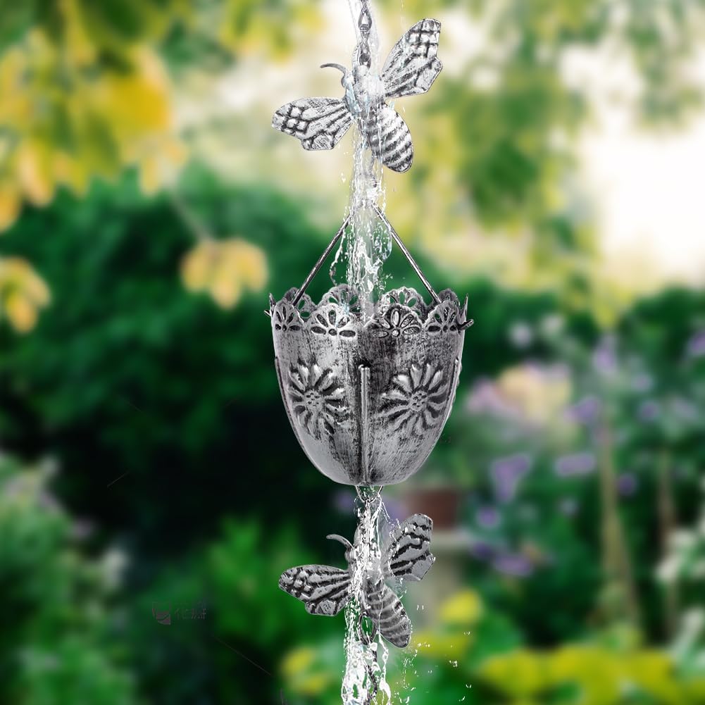 7.8 FT Rain Chain, Metal Rain Gutter Chains with 10 Cups & Detachable Bees Decor, Adjustable Rain Catcher Chain with Bell for Eaves Drainage, Replacement for Downspout