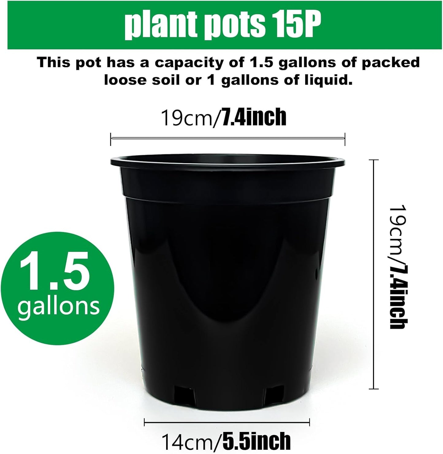 1.5 Gallon Plastic Nursery Pots, 7.5 Inch Round Plant Pots with Drainage Holes, 15 Pack Flower Pots for Outdoor Indoor Plants, Flowers, Gardening Gifts for Women, Black
