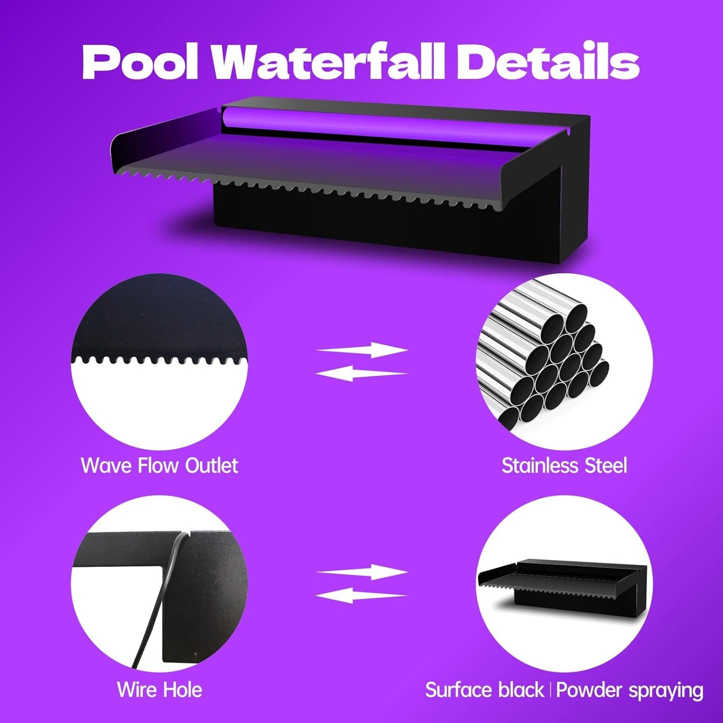 Pool Waterfall Spillway Stainless Steel Pond Fountain, APP Control Colorful LED Lighted Outdoor Black Fountains, Water Flow Spillways Kit for Koi Pond, Swimming Pool, Garden-23.6"x7.8"x3.9"