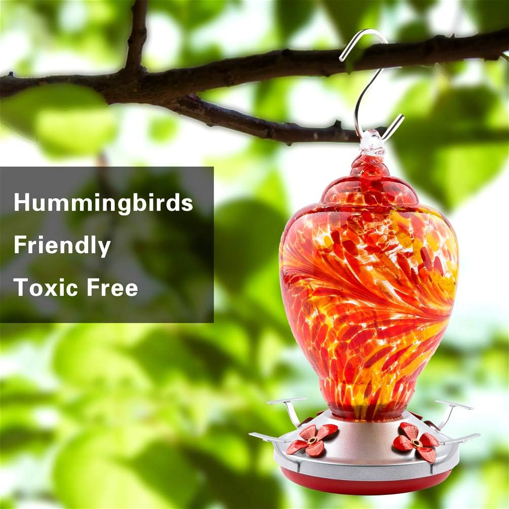 WOSIBO Hummingbird Feeder for Outdoors Patio Large 32 Ounces Colorful Hand Blown Glass Hummingbird Feeder with Ant Moat Hanging Hook, Rope, Brush and Service Card (RED)