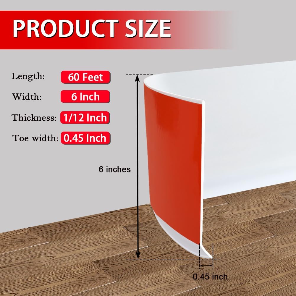 Vinyl Wall Base Baseboard Molding Trim 6" Flexible Self Adhesive Rubber Wall Base Moulding Trim Peel and Stick Design, 6 Inch x 60 Feet, White