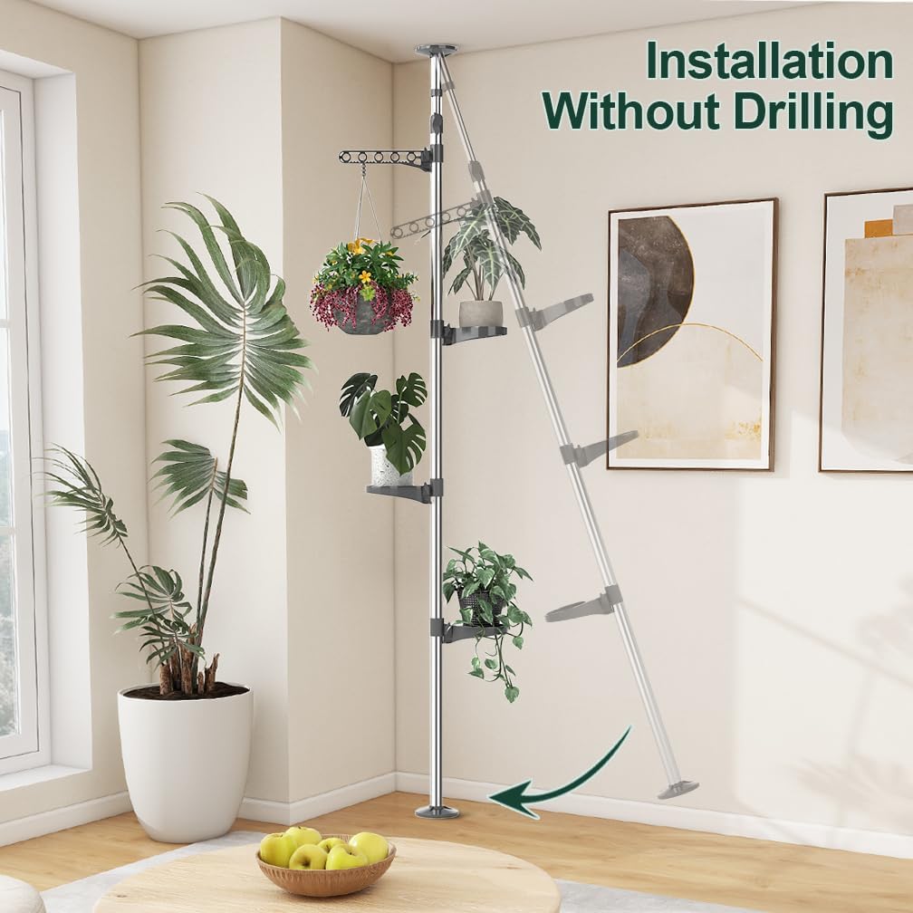 Hershii 5-Layer Indoor Plant Stand Pole Spring Tension Rod Corner Flower Display Rack Holder Adjustable Telescopic Floor to Ceiling Shelf Space Saving - Grey