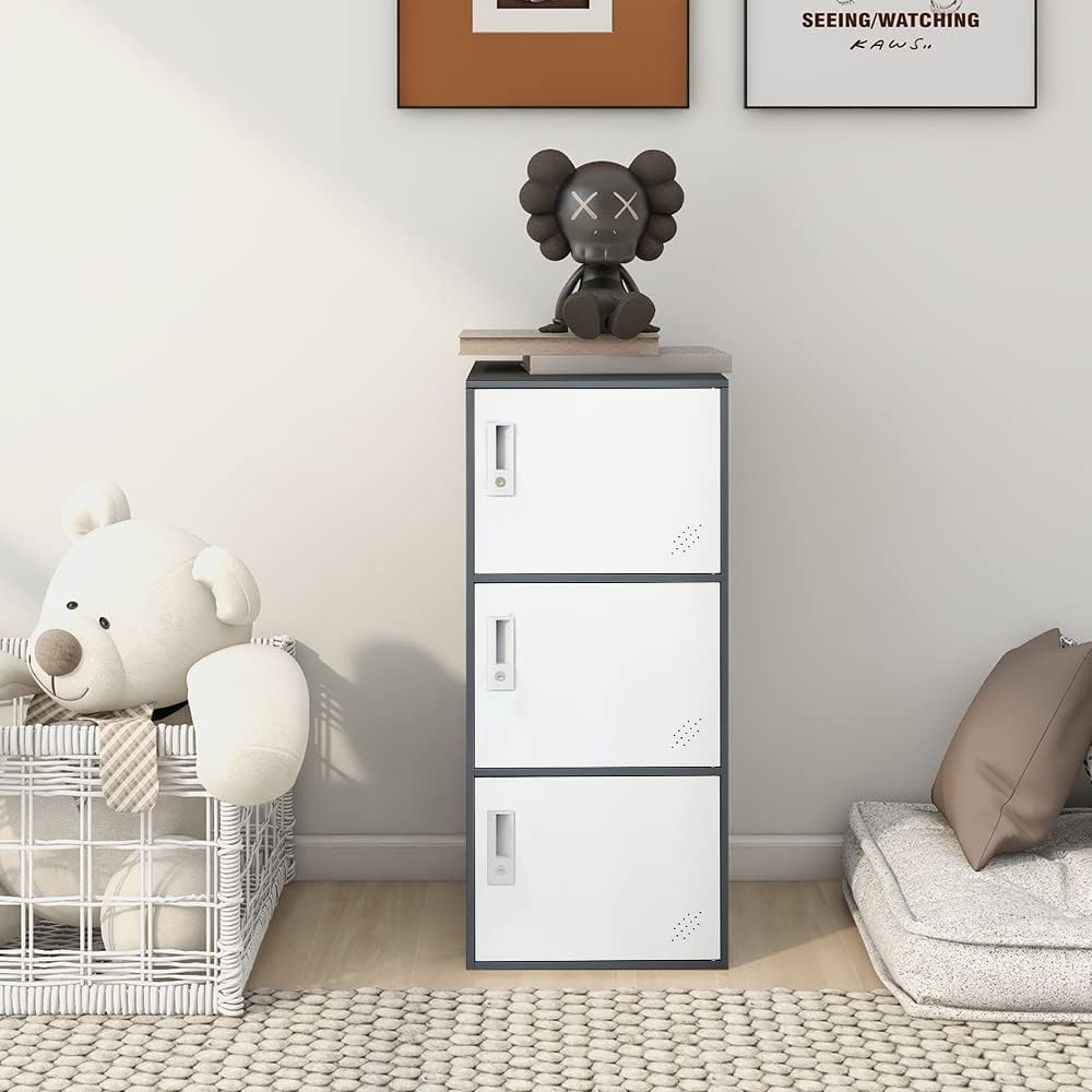 3 Door Vertical Stackable Storage Cabinet with Lock,Anti-Failing Device, Metal Lcoker,Organizer for Office, Home, Gym, School,Employee,Kids. (Grey)