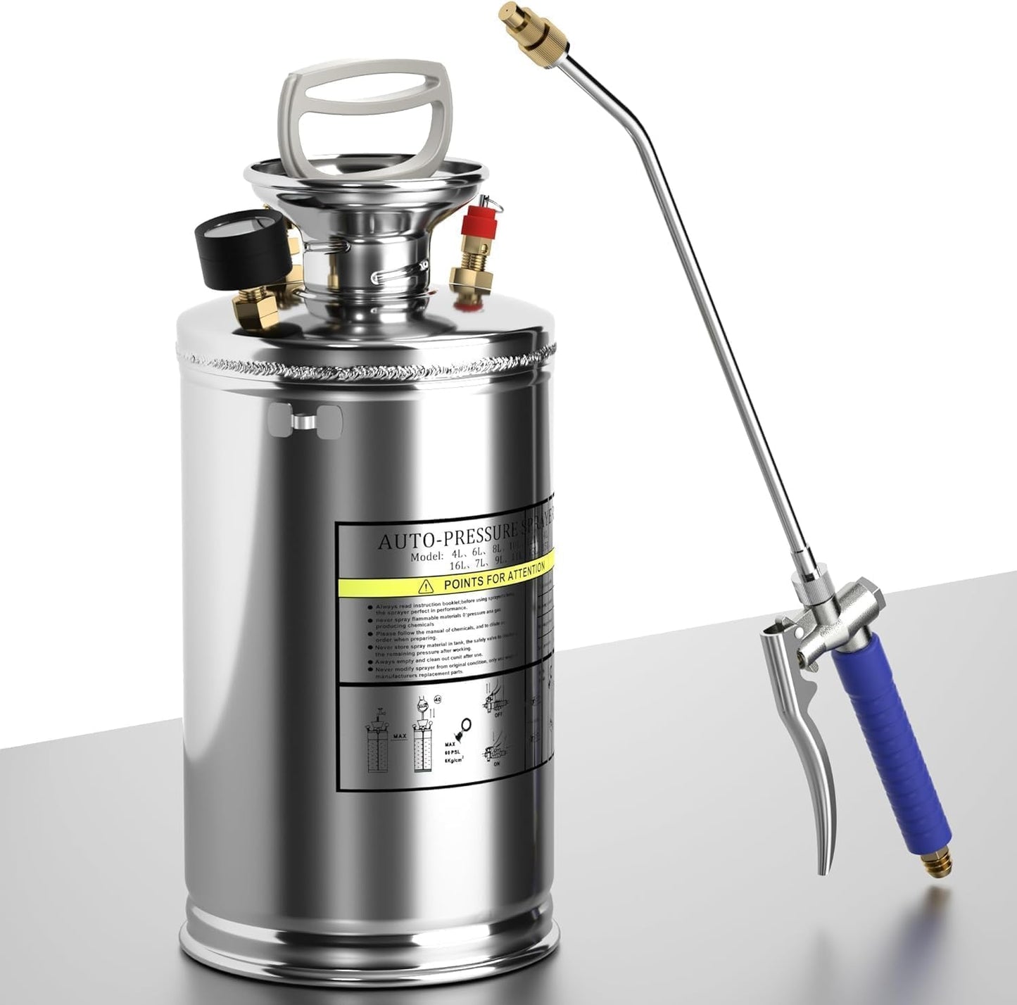 2 Gallon Garden Sprayer, 304 Stainless Steel Chemical Sprayer, Hand Pump Sprayer, with Pressure Gauge, Adjustable Nozzle, 20" Sprayer Wand, 3.3ft Hose & Safety Valve