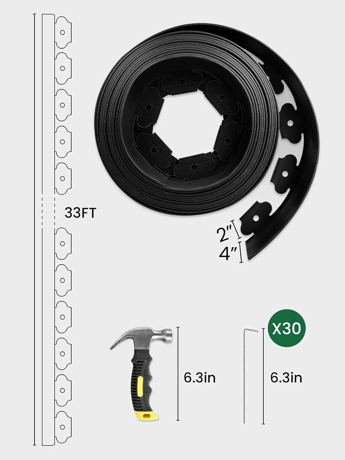 GROWNEER 33FT Landscape Edging Flexible 4 inch Tall Garden Border with 30pcs Galvanized Steel Anchoring Spikes and Hammer Lawn Edging Kit for Flower Bed, Pathway, Landscaping Project, Black