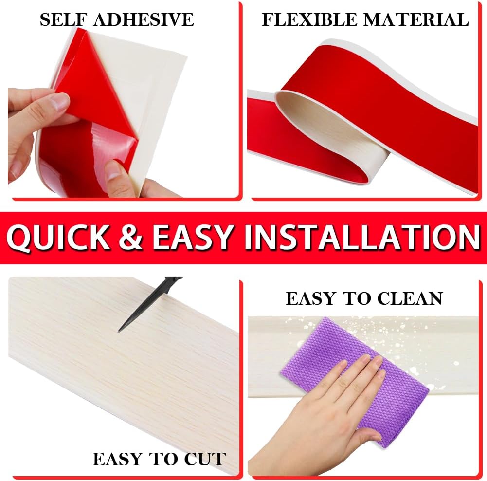 Vinyl Wall Base Baseboard Molding Trim 4" Flexible Self Adhesive Rubber Wall Base Moulding Trim Peel and Stick Design, 4 Inch x 100 Feet, Beige Wood