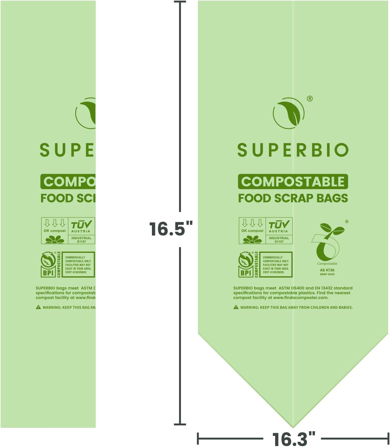 SUPERBIO 2.6 Gallon Compostable Food Waste Bags, 100 Count, 1 Pack, Flat Top Food Scrap Bags， ASTM D6400，Certified by BPI and OK compost INDUSTRIAL,9.84L