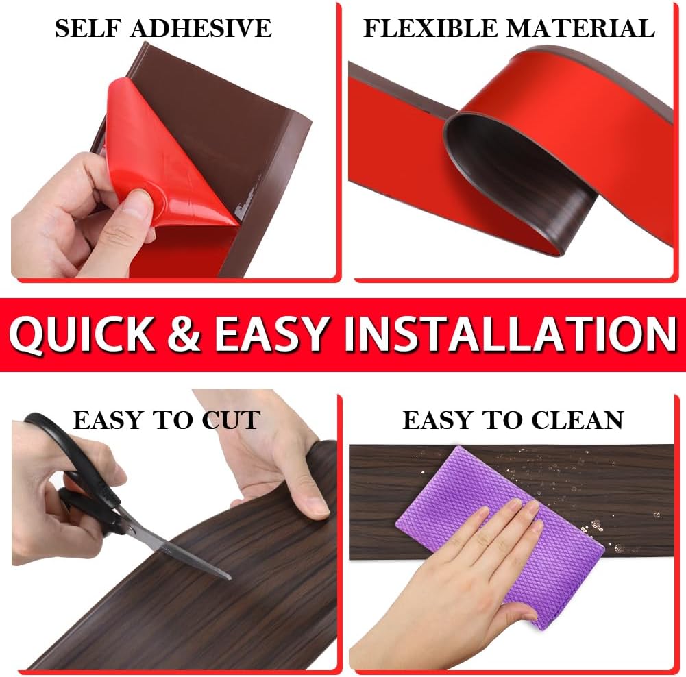 Vinyl Wall Base Baseboard Molding Trim 6" Flexible Self Adhesive Rubber Wall Base Moulding Trim Peel and Stick Design, 6 Inch x 60 Feet, Brown Wood