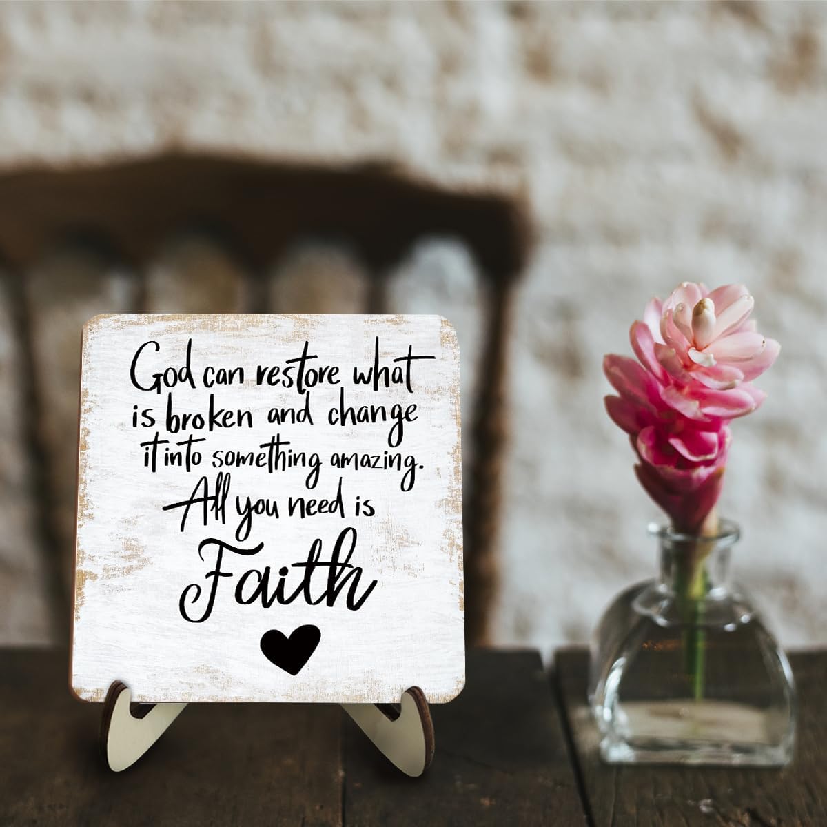 Motivational Wood Sign Rustic Desk Decor Home Bedroom Office Decor Work Table Desk Accessories Decorative Christian Religious Bible Verse Faith Decorations Office Supplies for Desk Cubicle Decor