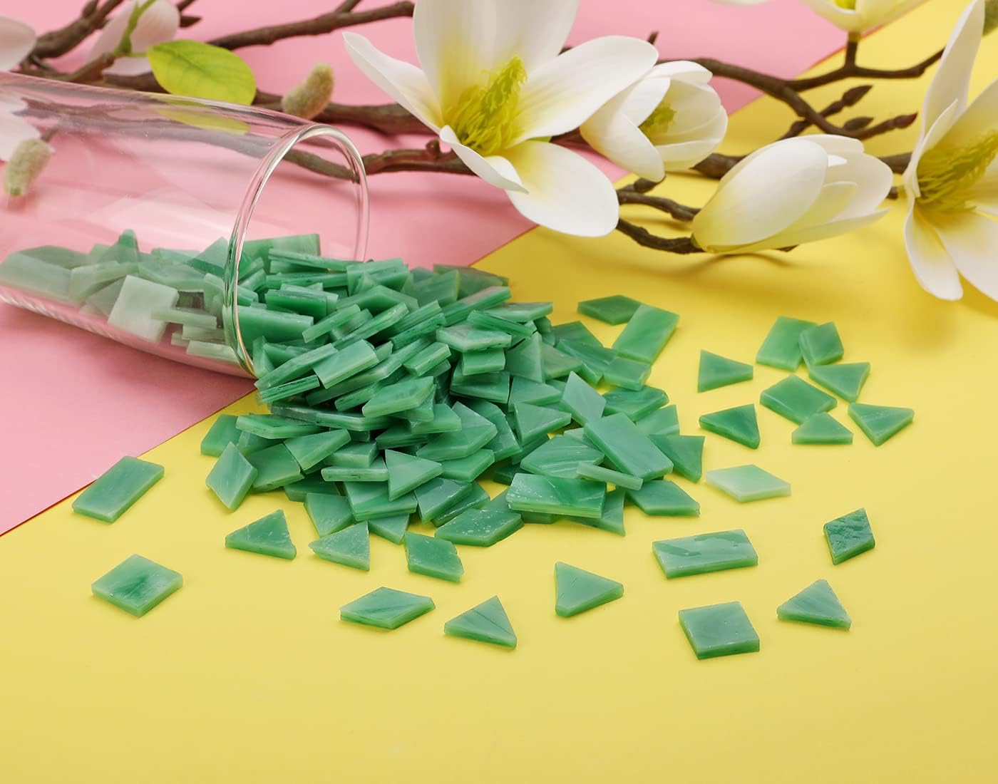 Lanyani 200pcs Mixed Color Glass Mosaic Tiles - 4 Shapes, Tiffany Stained Glass Pieces - Square/Rectangle/Diamond/Triangle