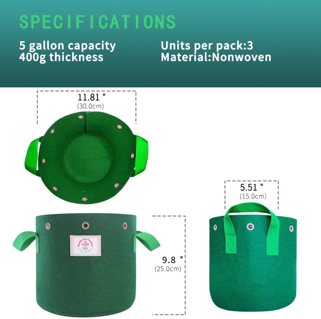 Train N' GRO - 5 Gallon Sustainable Aeration Non-Woven Grow Bags w Low Stress Training Holes - 3 Pack, for Grow Tent / Indoor / Outdoor. Superior Drainage + Breathability for Plants Vegetables + Fruit
