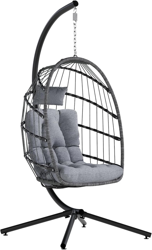 SWITTE Egg Chair Outdoor with Stand, Indoor Wicker Hanging Egg Swing Chair with Cushion, 350lbs Capacity for Patio, Bedroom, Garden - Light Grey