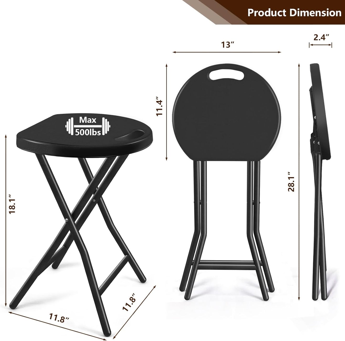 TAVR Furniture Portable Folding Chair with Handle, Heavy Duty Round Fold Stool Chair with 500lbs Capacity for Adults, 18 Inch Foldable Stool for Dorm, Kitchen, Vanity, Church and Outdoor use