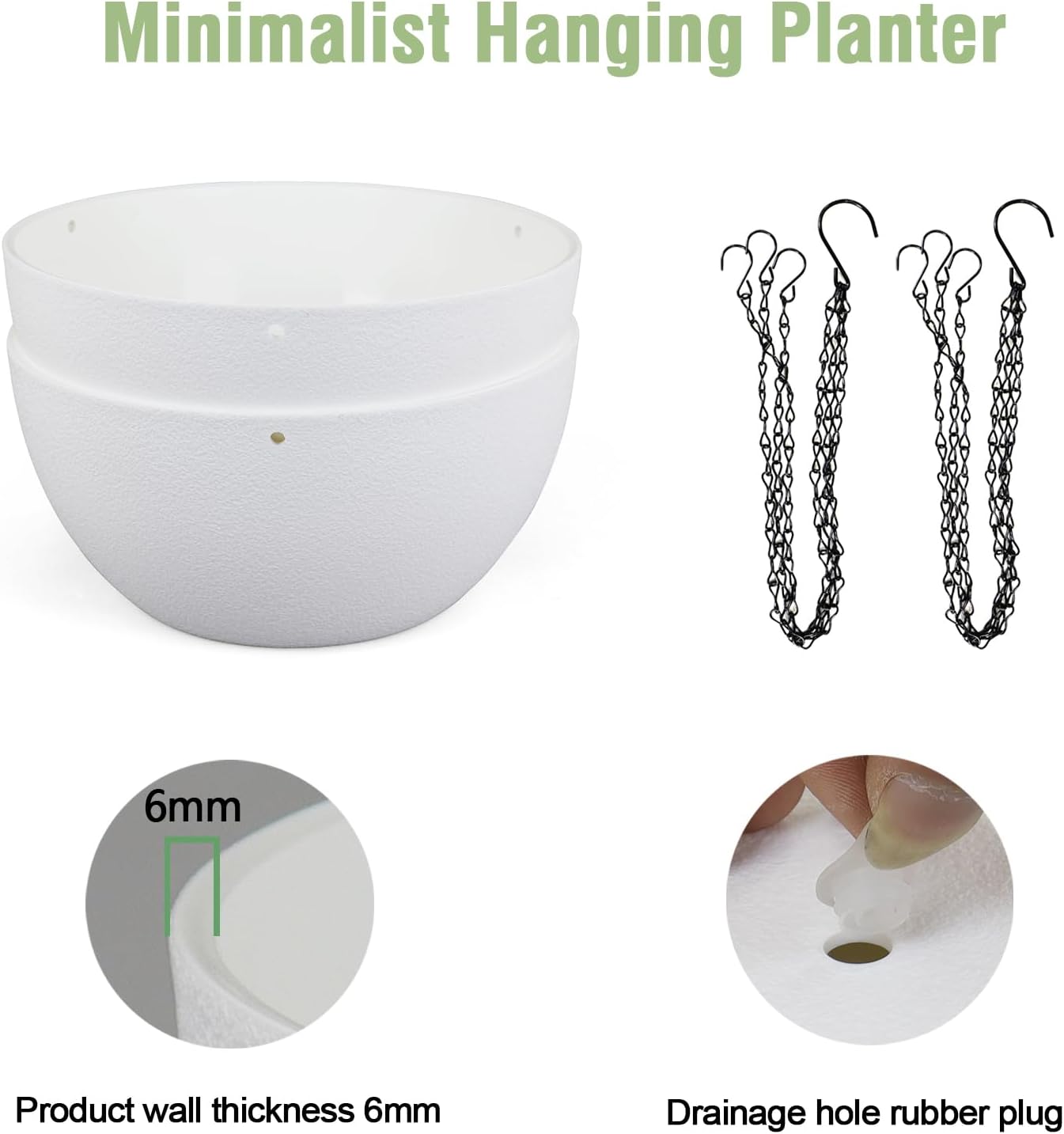 10 inch Hanging Planters for Indoor Outdoor Plants, 2 Pack Hanging Flower Pots with Drainage Holes and Chain for Garden Balcony Porch, Round Plastic Hanging Baskets for House Plants, White