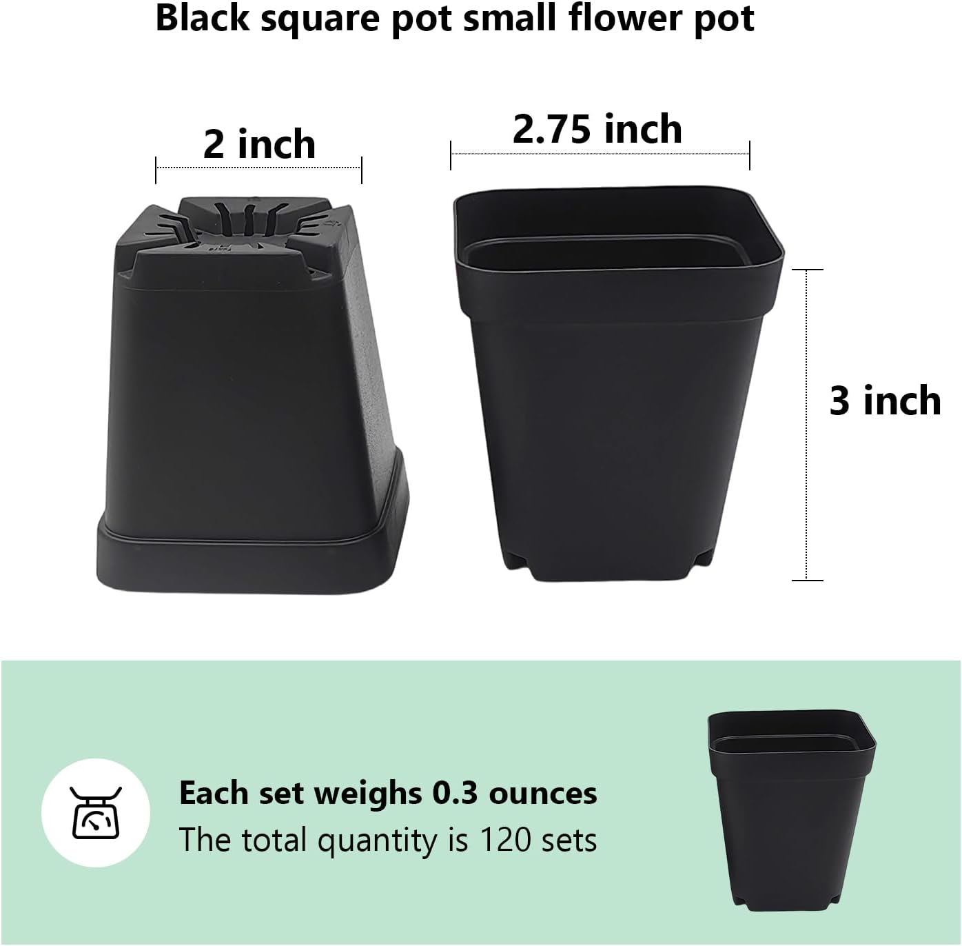 Square Nursery Pots 3" 120Pcs Deep Succulent Plastic Pots Small Flower Planter Seeds Starter Germination Pots with Drainage (Black,2.7Inches,120Pcs)