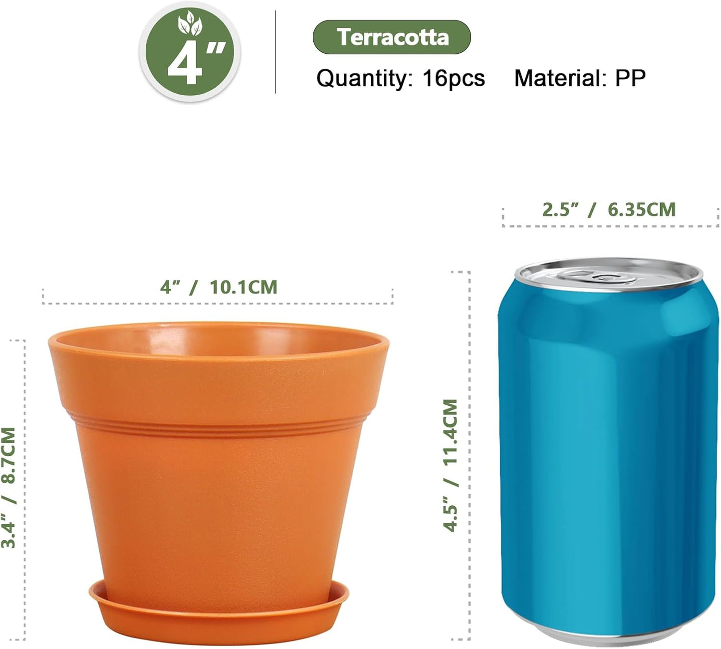 4 inch Small Plastic Nursery Pots, 16 Pack Plant Pots for Indoor Outdoor Plants, Flower Pots with Drainage Holes and Saucers, Decorative Seedling Starter Planters for House Plants, Terracotta