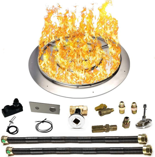 Stainless Steel Fire Pit Burner Pan & Ring Deluxe Kit for Liquid Propane, 36-Inch Pan, 30-Inch Ring, 200,000 BTU Max