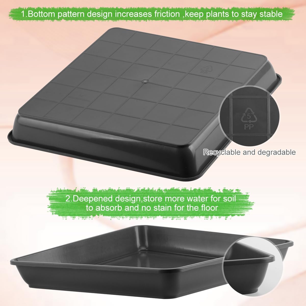 WAYNHUI Squared Plant Saucer 6/8/10/12/14/16/18/20inches Square Plastic Basin Tray Large/Small Water Receiving Tray (Black 10inch 5pack)