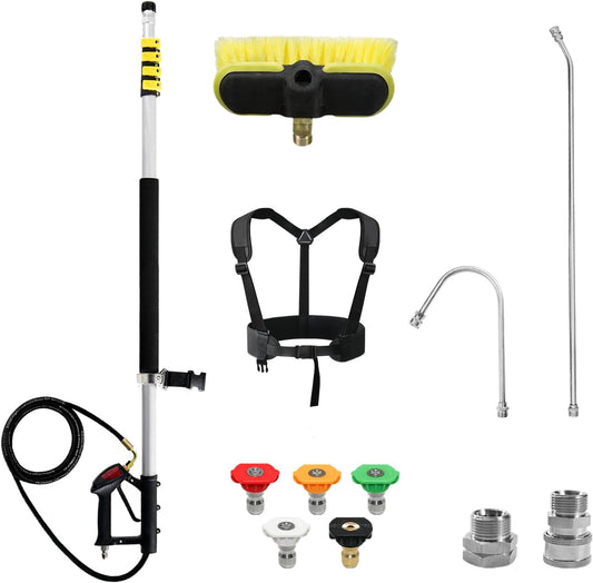 RAYNEL 24FT Telescoping Pressure Washer Extension Wand with Brush Head,Power Washer Extension Wand,Gutter Cleaner Attachment,5 Spray Nozzle Tips,Support Belt and 2 Hose Adapters