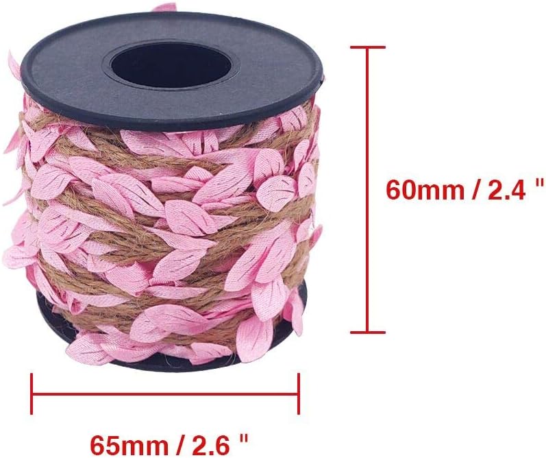 Burlap Leaf Ribbon 2 Rolls 66 Feet 5mm Jute Burlap Twine Vine with Artificial Leaves for Crafts Jungle Garland Party Wedding Garden Home Decoration Pink