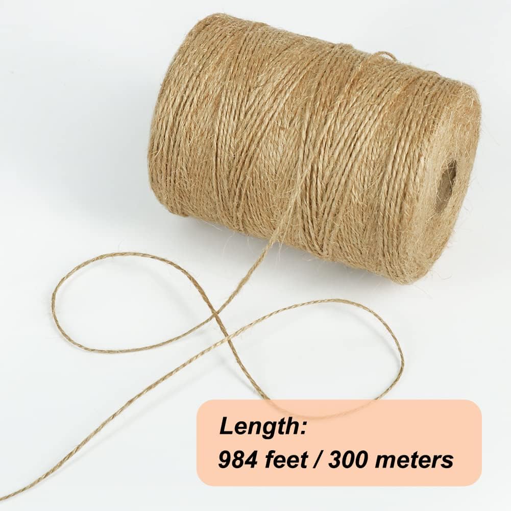 Tenn Well Natural Jute Twine, 984 Feet 2Ply 1mm Thin Brown Twine String for Crafts, Crocheting, Gift Wrapping, Gardening, Farmhouse Decor, Christmas Ornaments