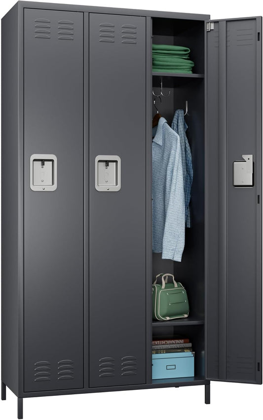 3 Doors Metal Lockers for Employees with 9 Hooks for Offices School Gyms Home,Assembly Required,Dark Gray
