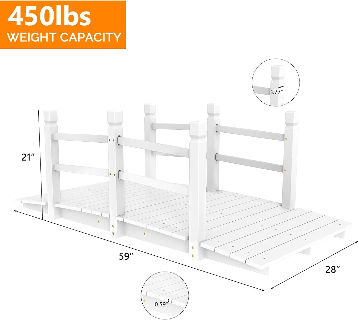 VINGLI Garden Bridge, Classic Wooden Arch with Safety Rails Footbridge (White, 5 ft)