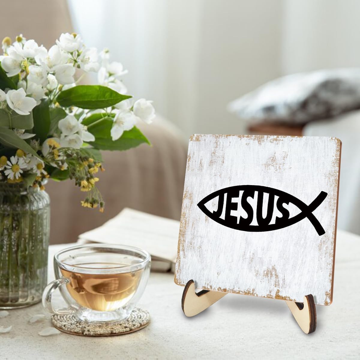 Inspirational Wood Sign Rustic Desk Decor Home Bedroom Office Decor Work Table Desk Accessories Decorative Christian Religious Bible Verse Faith Decorations Office Supplies for Desk Cubicle Decor