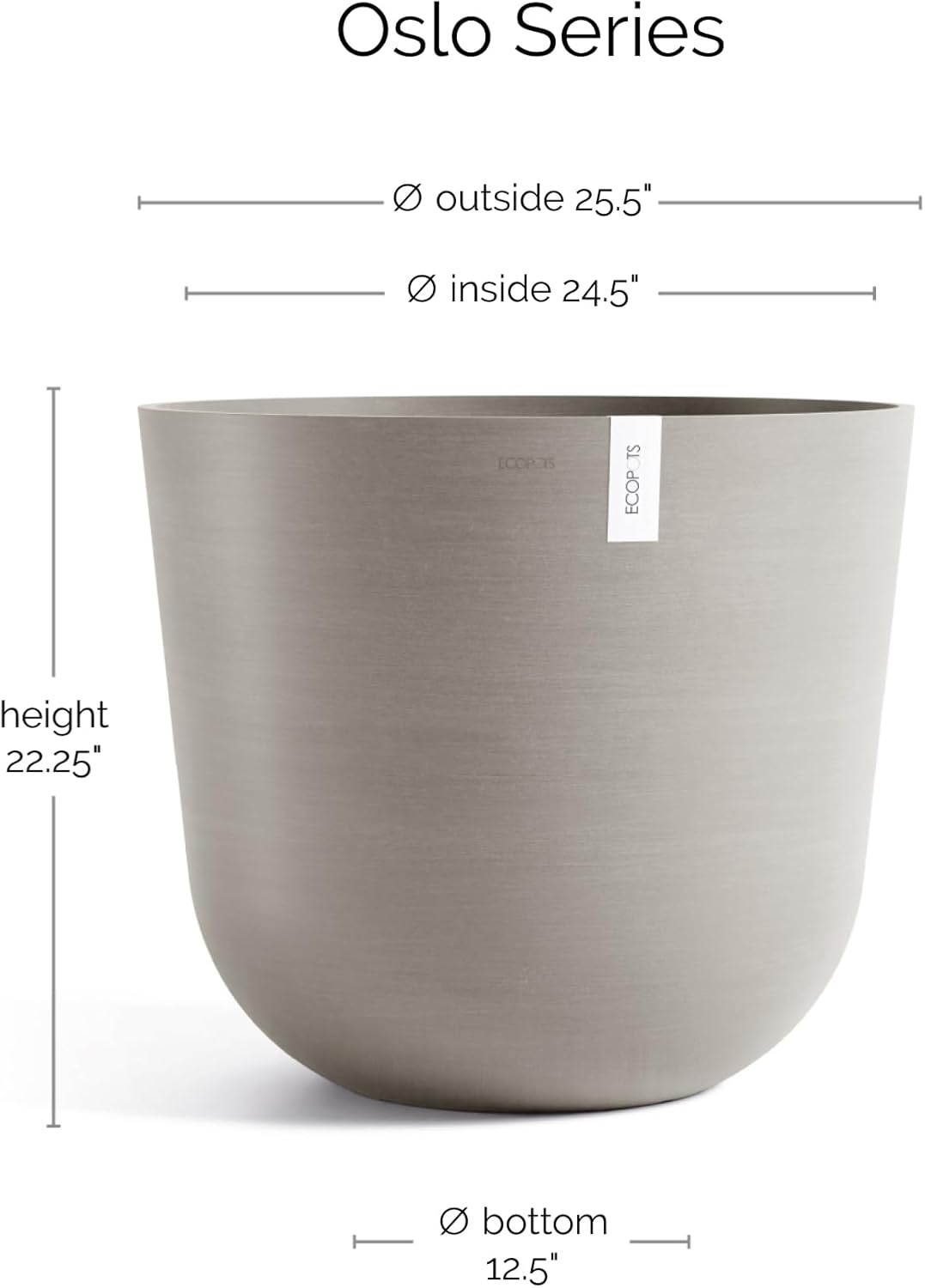 Ecopots Oslo Durable Modern Round Indoor/Outdoor Recycled-Based Composite Flower Pot Planter, Taupe, 25.5"