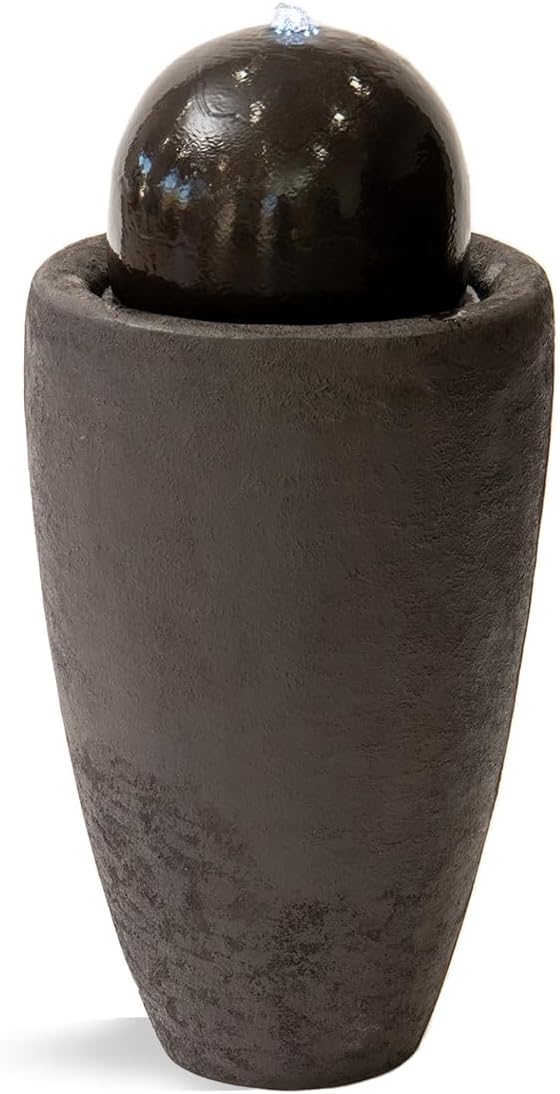XBrand 25.98" H Round Stone Indoor/Outdoor Modern Stone Textured Sphere Water Fountain w/LED Lights, Brown