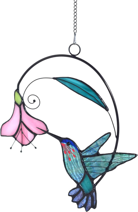 Lolitarcrafts Stained Glass Hummingbird Window Hangings with Flowers, Bird Stained Glass Suncatcher for Window Decor Hummingbird Gifts for Mom,Bird Lovers (Blue with Flower A)
