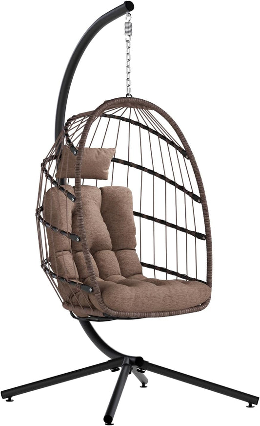 SWITTE Egg Chair Outdoor with Stand, Indoor Wicker Hanging Egg Swing Chair with Cushion, 350lbs Capacity for Patio, Bedroom, Garden - Brown