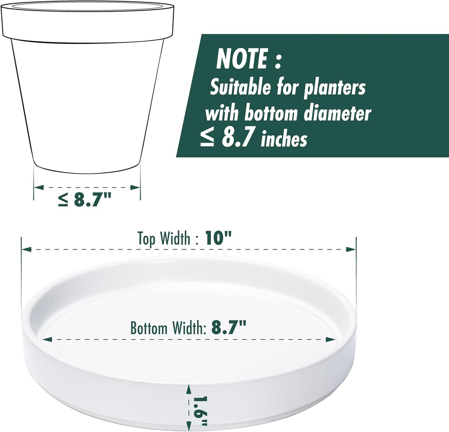 D'vine Dev Modern Round 8.7 Inch Ceramic Plant Pot Saucer, Planter Pot Drainage Tray for Indoor Plants, Matte White, 97-T-A-4