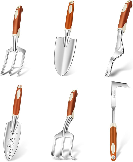 Garden Tool Set, 6 Pack Heavy Duty Gardending Hand Tools Kit with Non-Slip Rubber Grip, Ideal Gardening Gifts for Women