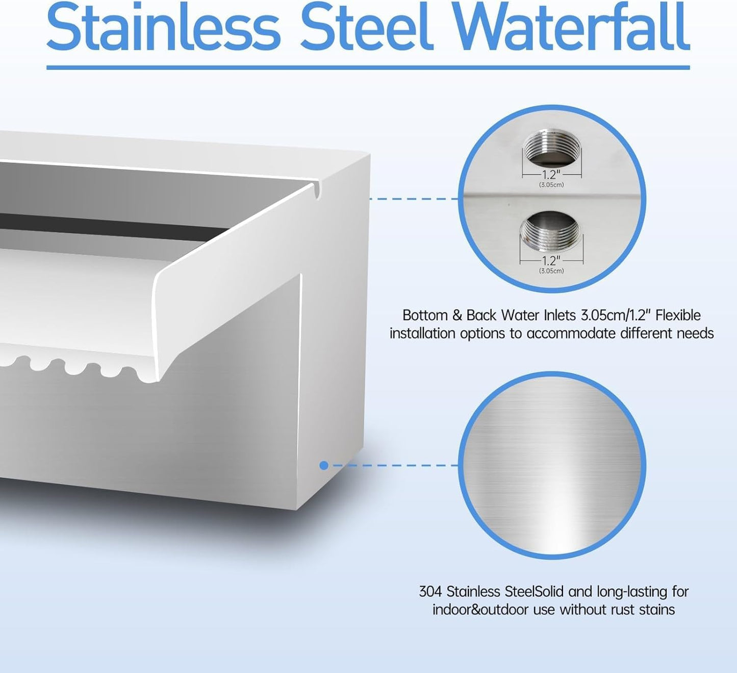 Pool Fountain Stainless Steel Pond Waterfall Spillway Kits for Indoor/Outdoor Decorative, 24 Inches Pool Water Feature for Garden Patio, Backyard Koi Pond Decor(No LED Light)