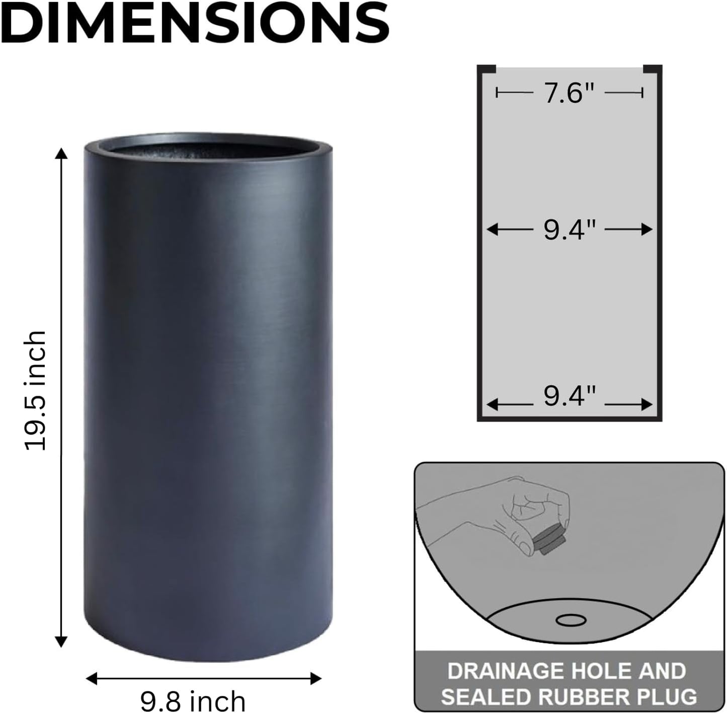 19.5"H x 9.8"D Tubo Fiberstone Cylinder Tall Planter with Drainage Hole, Smooth Finishes, Weather Resistant for Indoor and Outdoor Use, Included 2 Extra Coco Mats (Black, 8.2" Pot Opening)