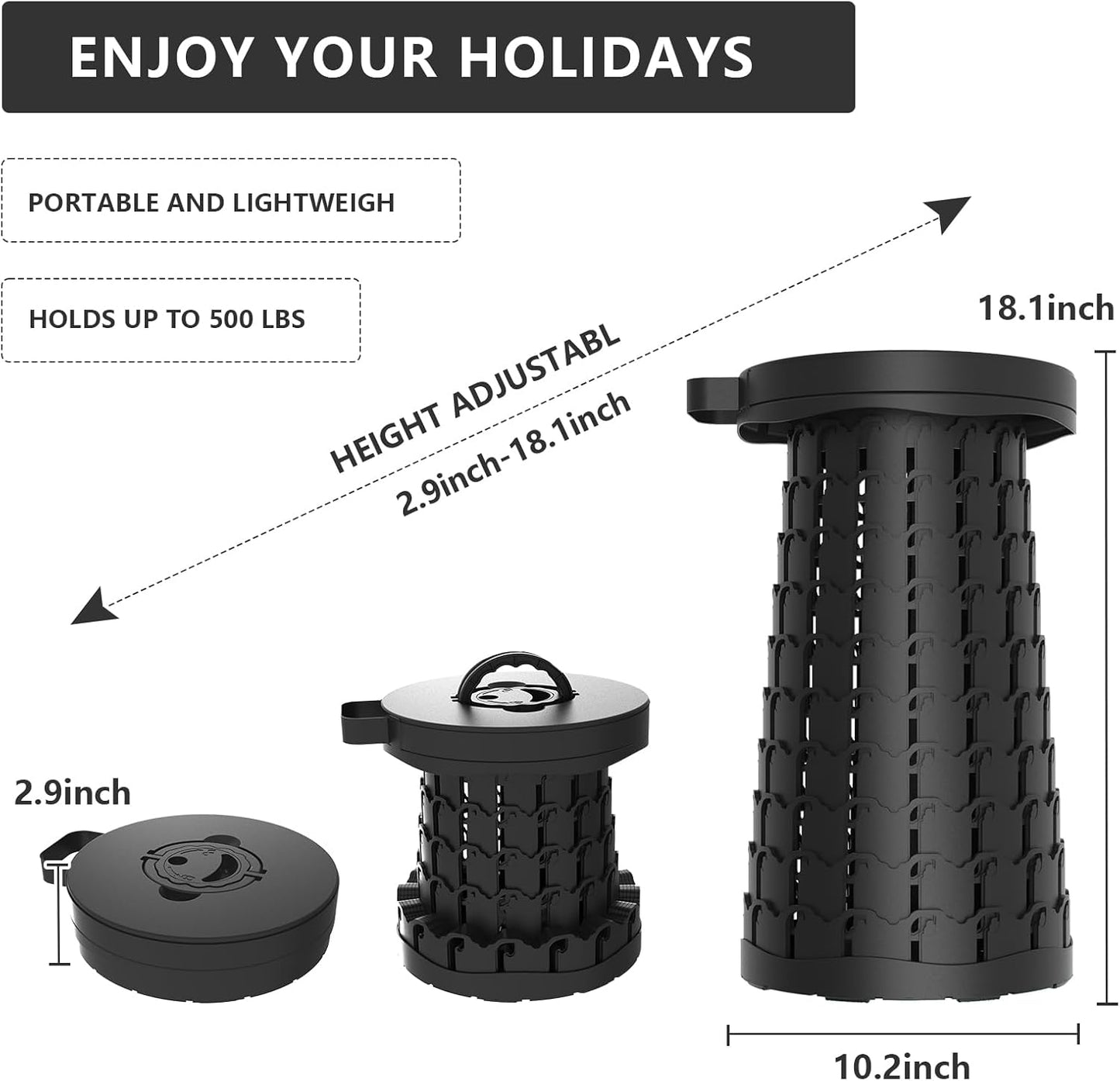 Upgraded Collapsible Stool with Max Load Capacity 330lbs Portable Telescoping & Folding Design Retractable Seat for Camping, Gardening, Fishing & Outdoor Adventures (Black)