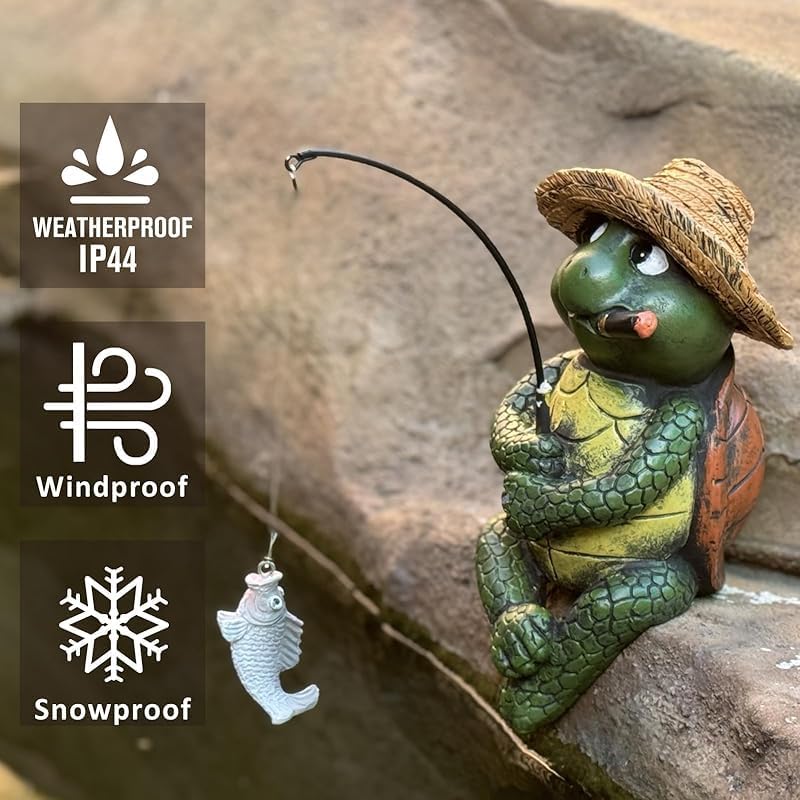 Tortoise Fishing Statue Garden Decor，9.8" Weatherproof Resin Tortoise Fishing Sculpture Decor for Fish Ponds, Koi Ponds, Waterfalls, Poolside Outdoor Gardens Resin Figurine for Indoor Outdoor Décor