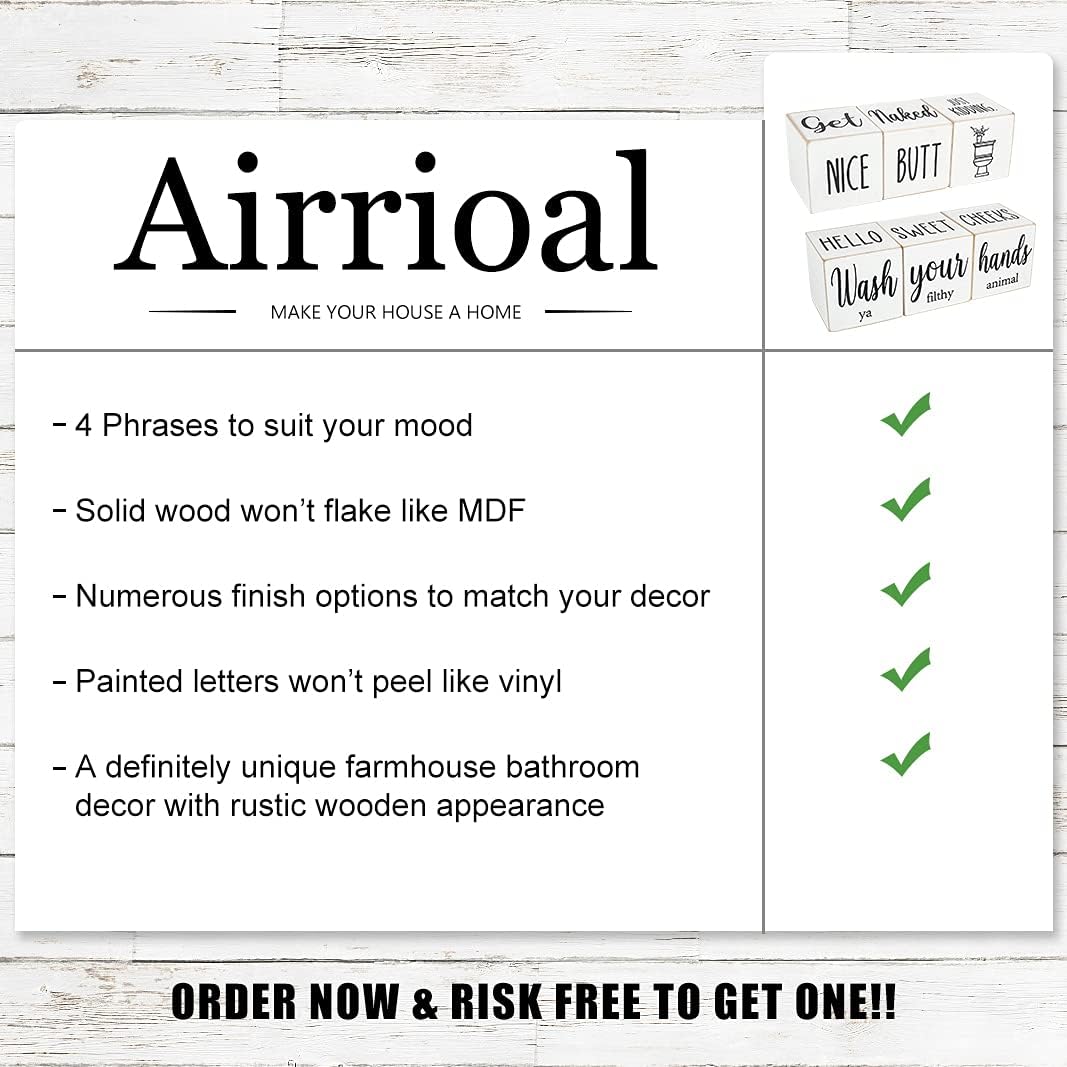 Funny Farmhouse Bathroom Decor and Accessories for Shelf, 4-Sided Wooden Blocks - Nice Butt&Get Naked&Hello Sweet Cheeks&Wash Your Hands Sign, Modern Rustic Restroom Decorations, White 2.8"