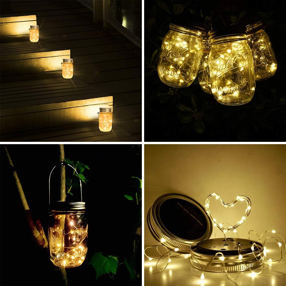 Solar Mason Jar Lights [Updated], 8 Pack 20 LED Waterproof Fairy Firefly Jar Lids String Lights with Hangers(NO JARS), Patio Yard Garden Wedding Decoration - Warm White