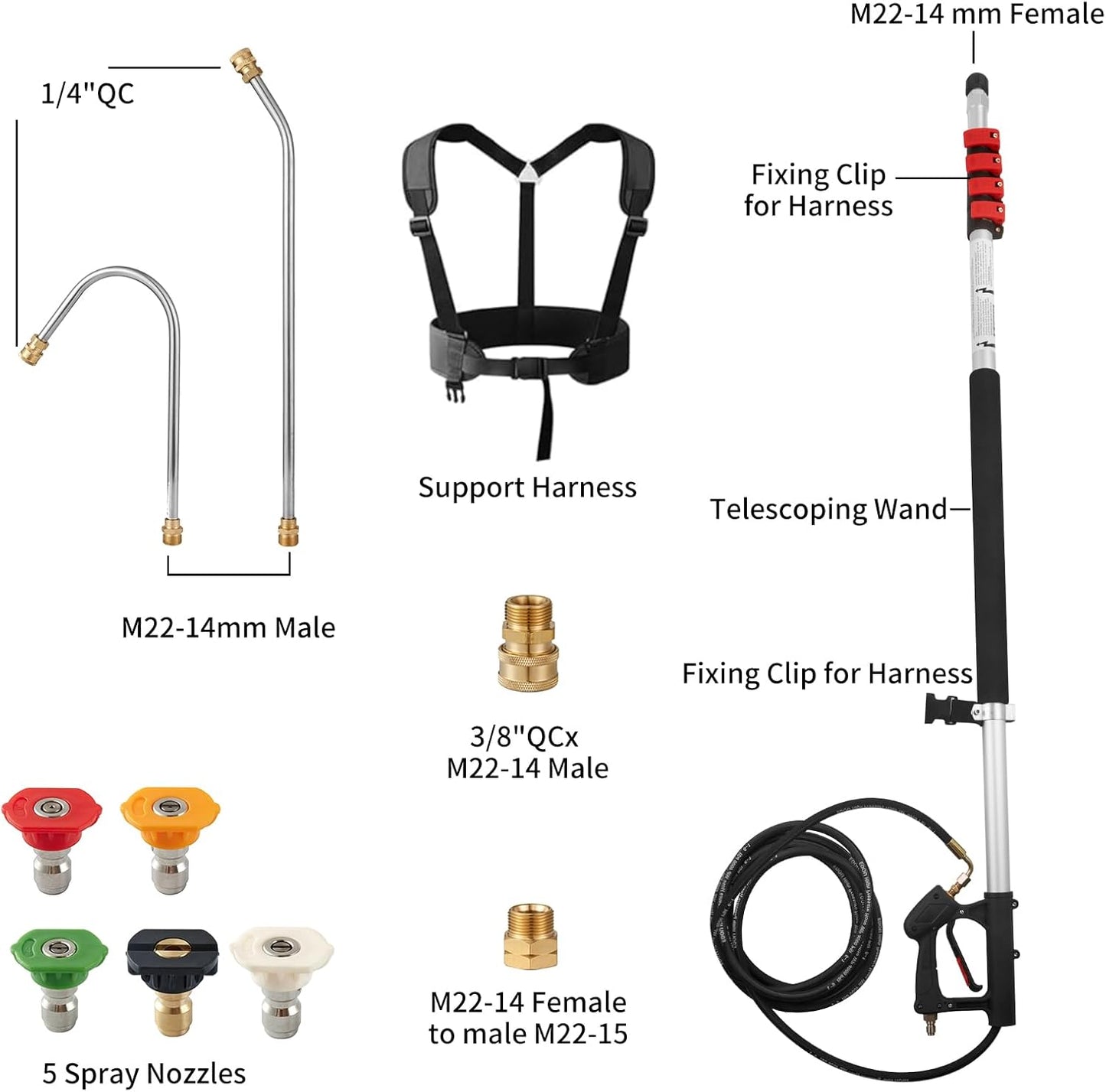 Tecoloy 24 FT Telescoping Pressure Washer Wand with Power Washer Extension Wand, Support Belt, Gutter Cleaner Attachment, 5 Spray Nozzle Tips and 2 Hose Inlet Adapters