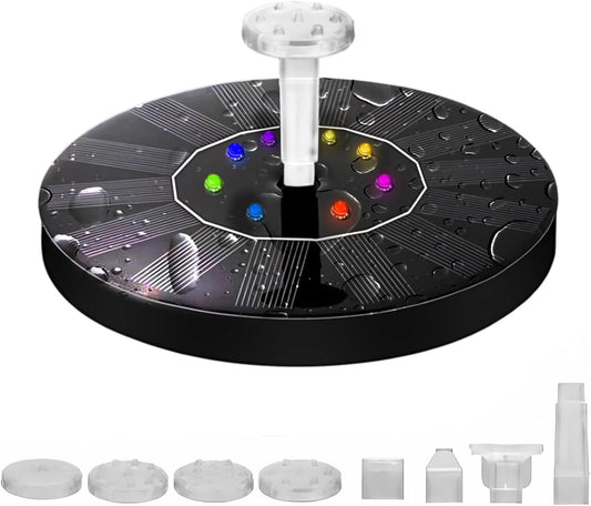 Solar Powered Fountain Pump for Bird Bath, Garden, Pond & Outdoor Decor - 7 Nozzles, 4 Fixers, Colorful LED Lights, Upgraded Glass Panel, Small Water Fountain for Fish Tank & Swimming Pool