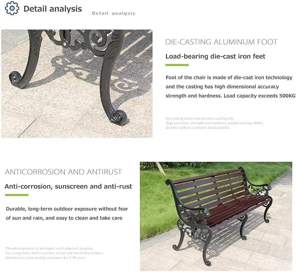 Garden Bench Outdoor Bar Hotel Patio Bench, Cast Iron Metal Frame Preservative Wood Patio Park Bench with Backrest and Armrests, for Porch, Lawn, Garden, Yard(Teak+Black Legs)