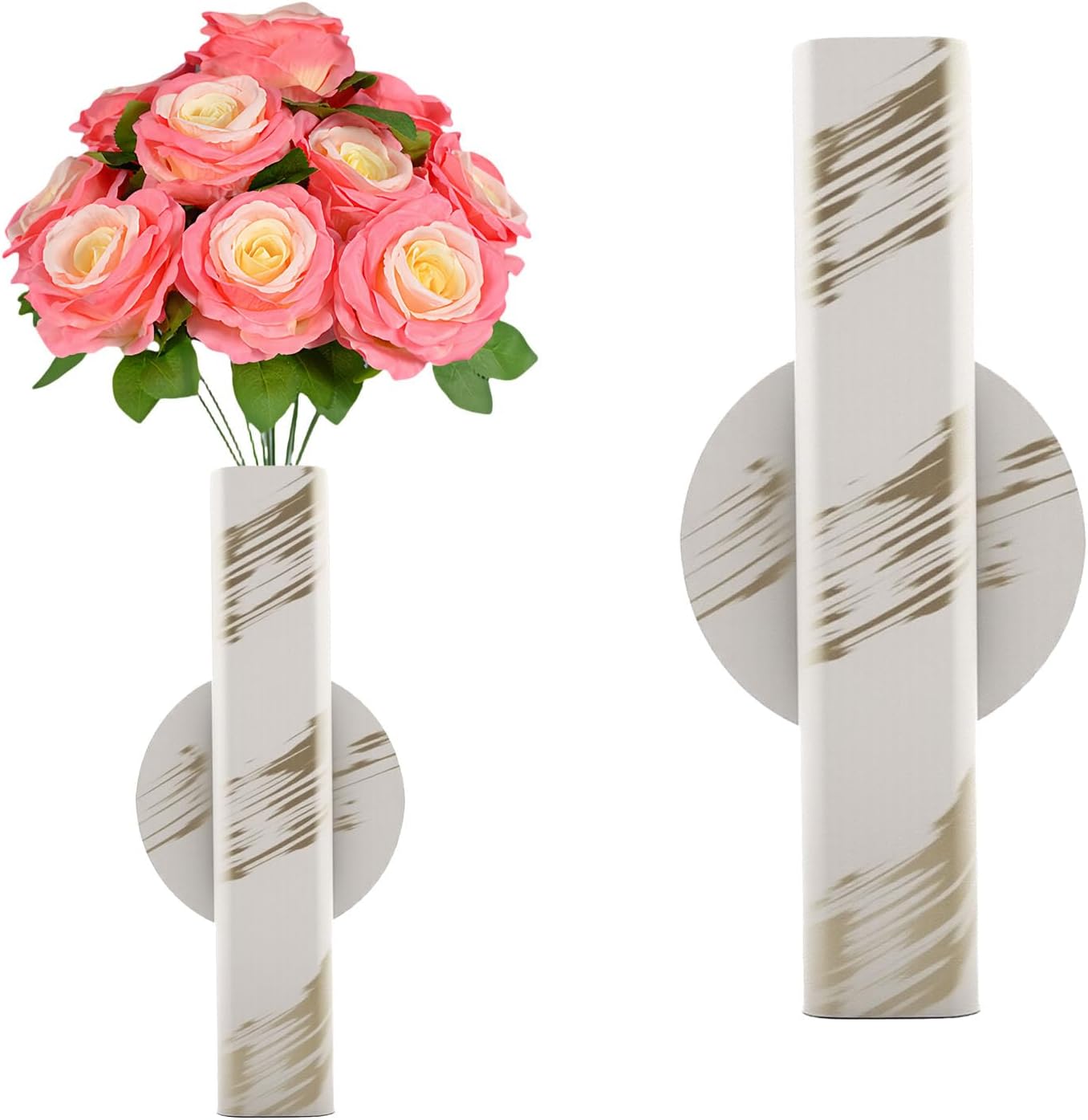 Self Adhesive Wall Vase Metal Tube Decoration Holder Used to Display Dried Flower, Faux Flowers, Fake Flowers, Also Suitable for Cemetery Memorial Decoration (1 Pcs White Gold Stripe)