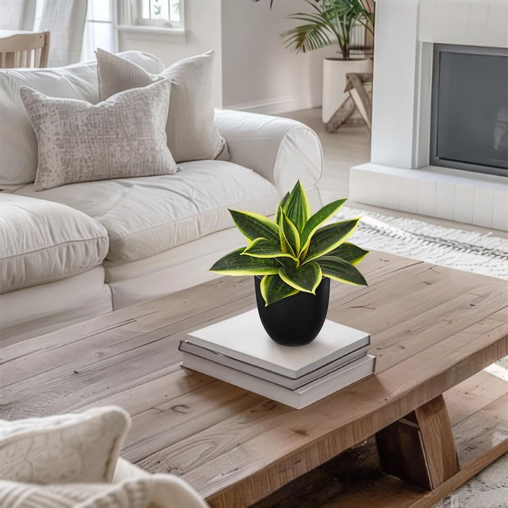 Hollyone Artificial Snake Plants 9" Faux Agave Succulent Plant Potted in Black Pot Fake Sansevieria Aloe Tropical Plant for Desk Modern Office Home Bathroom Indoor Outdoor Decor