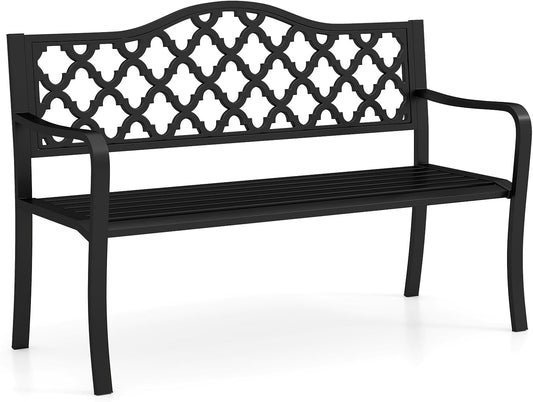 Tangkula 50.5” Metal Outdoor Park Bench, Slatted Patio Garden Bench for 2-3 People, Park-Style Loveseat with Curved Armrests, Heavy-Duty Outdoor Seating for Backyard, Lawn, Porch
